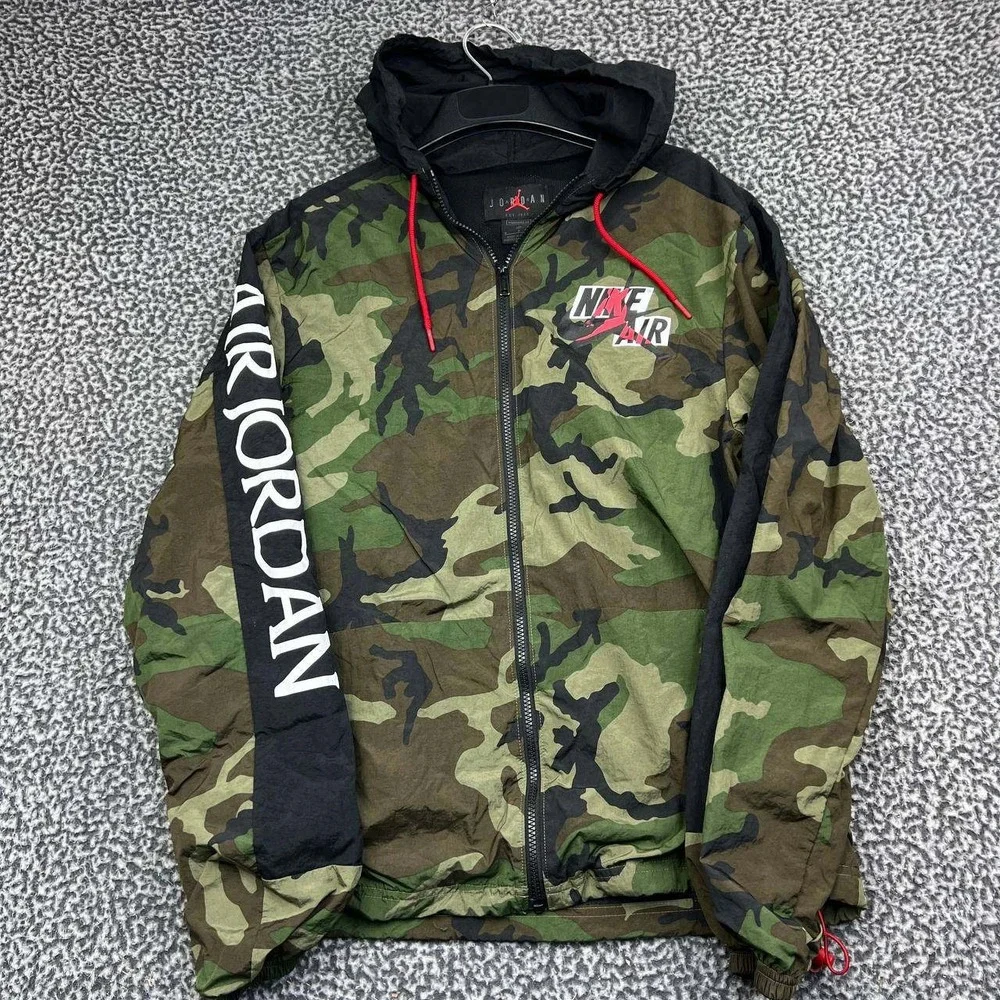 Air Jordan Windbreaker Jacket Men Small Camo Green Black Hooded Nike Full Zip S
